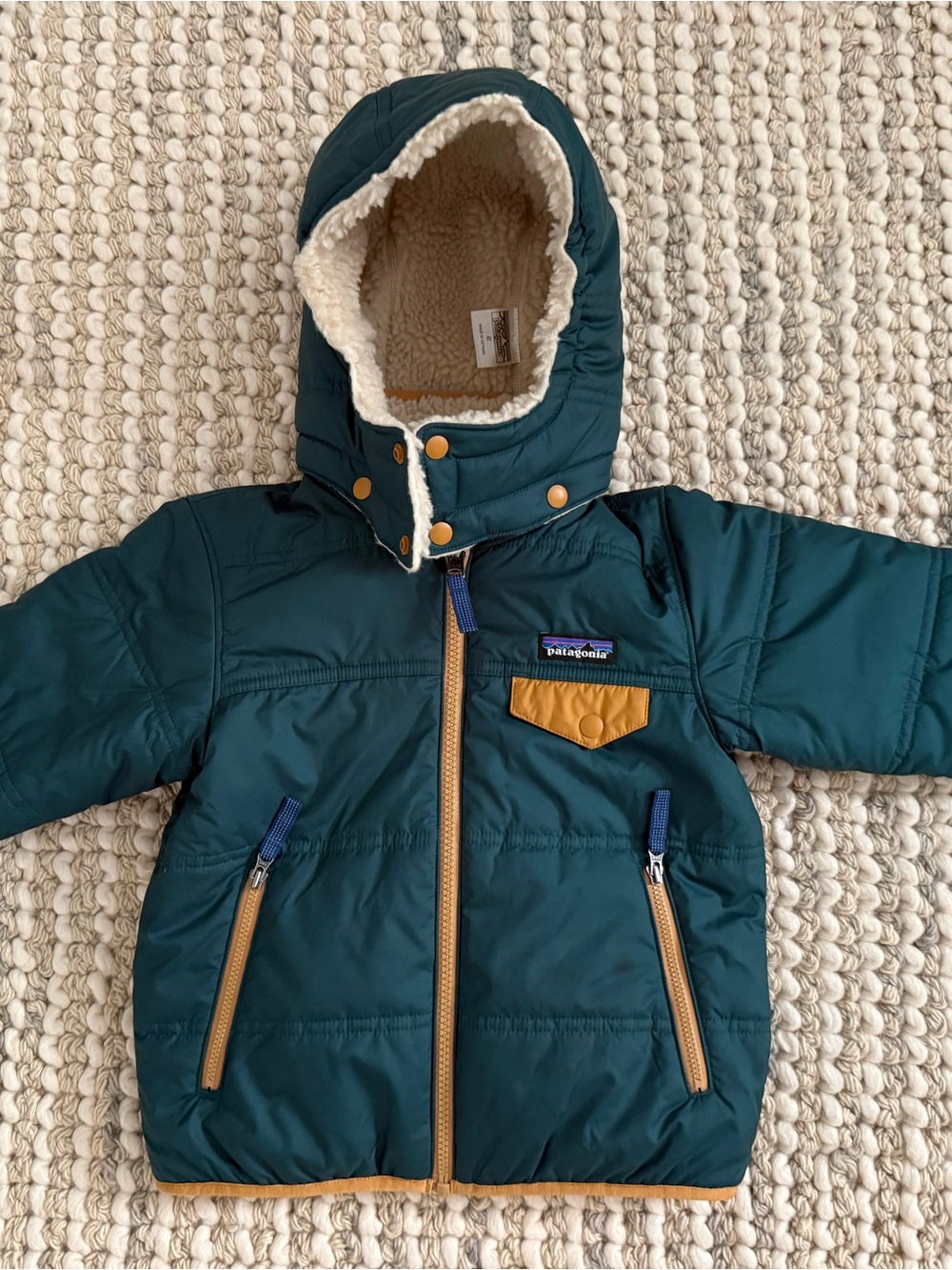Patagonia Kids Teal Hooded Puffer/Fleece Reversible Jacket with Tan Accents